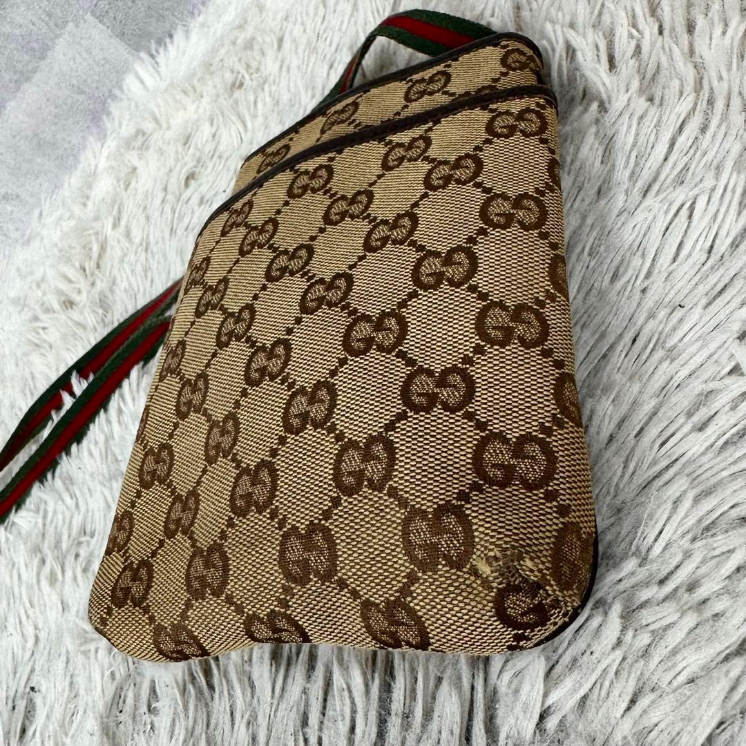 美品 グッチ キャンバス レザー ショルダーバッグ GG シェリーライン 茶