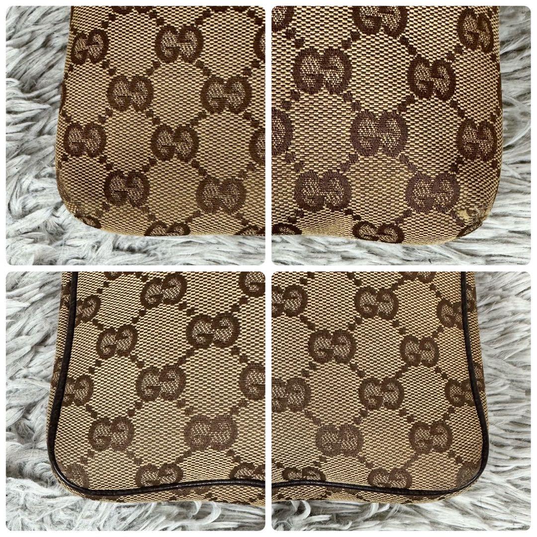 美品 グッチ キャンバス レザー ショルダーバッグ GG シェリーライン 茶