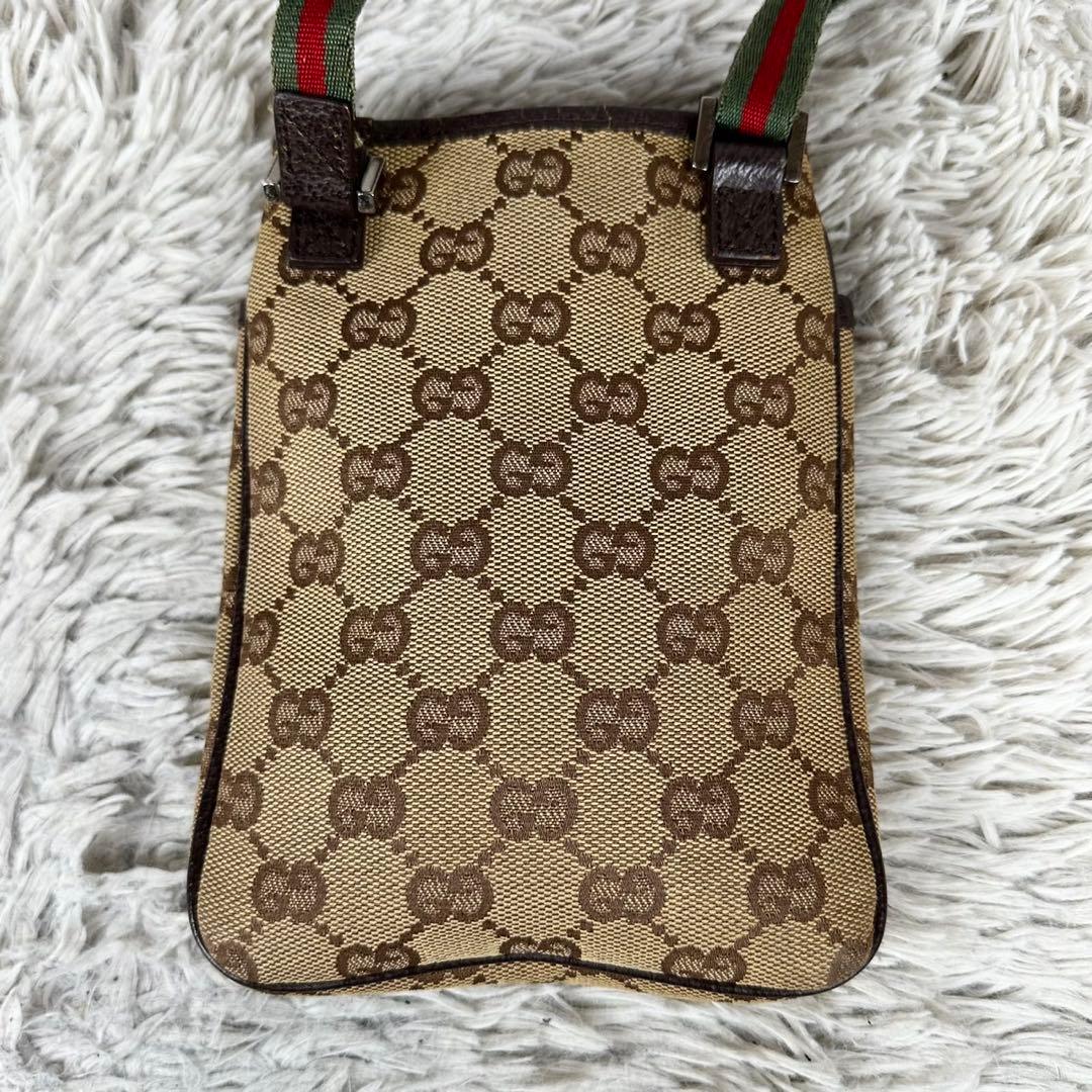 美品 グッチ キャンバス レザー ショルダーバッグ GG シェリーライン 茶