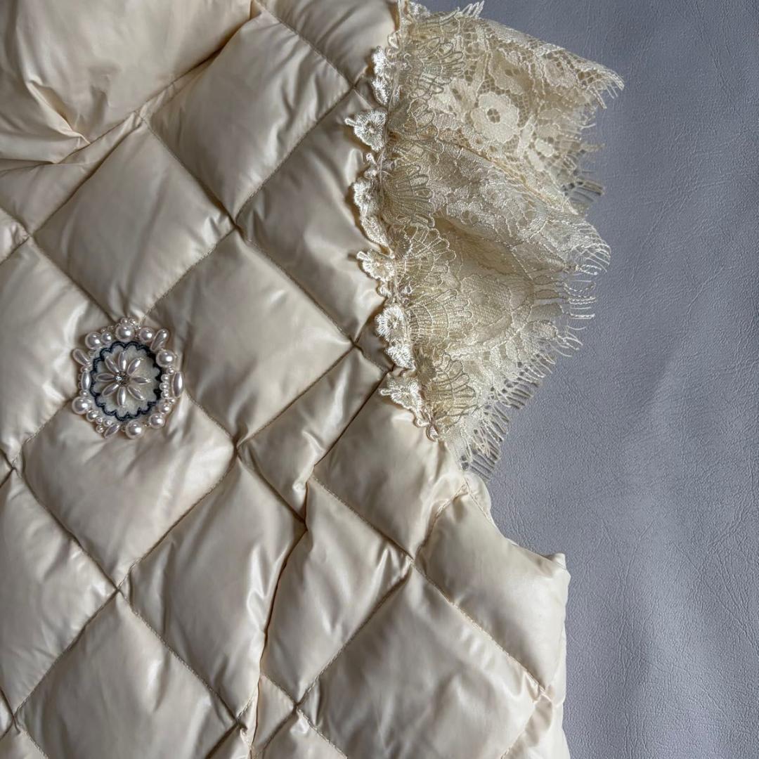 【スーパービューティー】ジレ　キルティング　ダウン　ボア　レース　白系　42