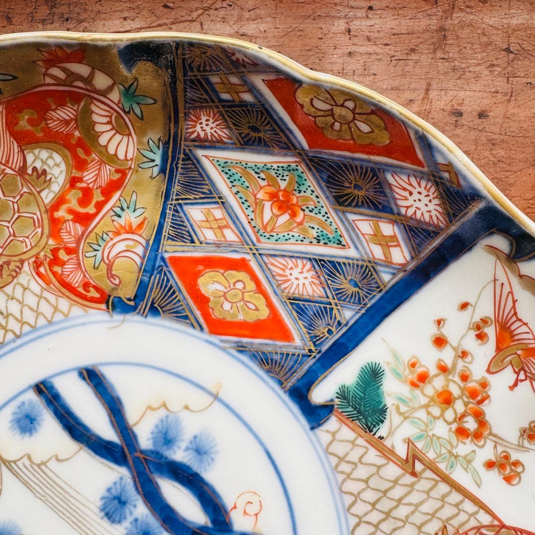 ご確認用　骨董皿　金蘭手染錦　鶴亀松竹梅文　金彩色絵皿　二枚