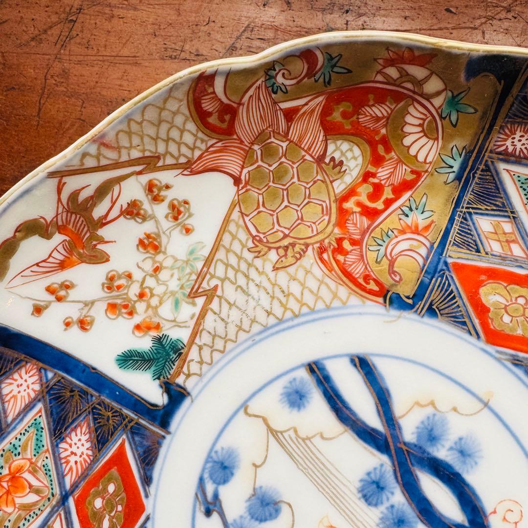 ご確認用　骨董皿　金蘭手染錦　鶴亀松竹梅文　金彩色絵皿　二枚