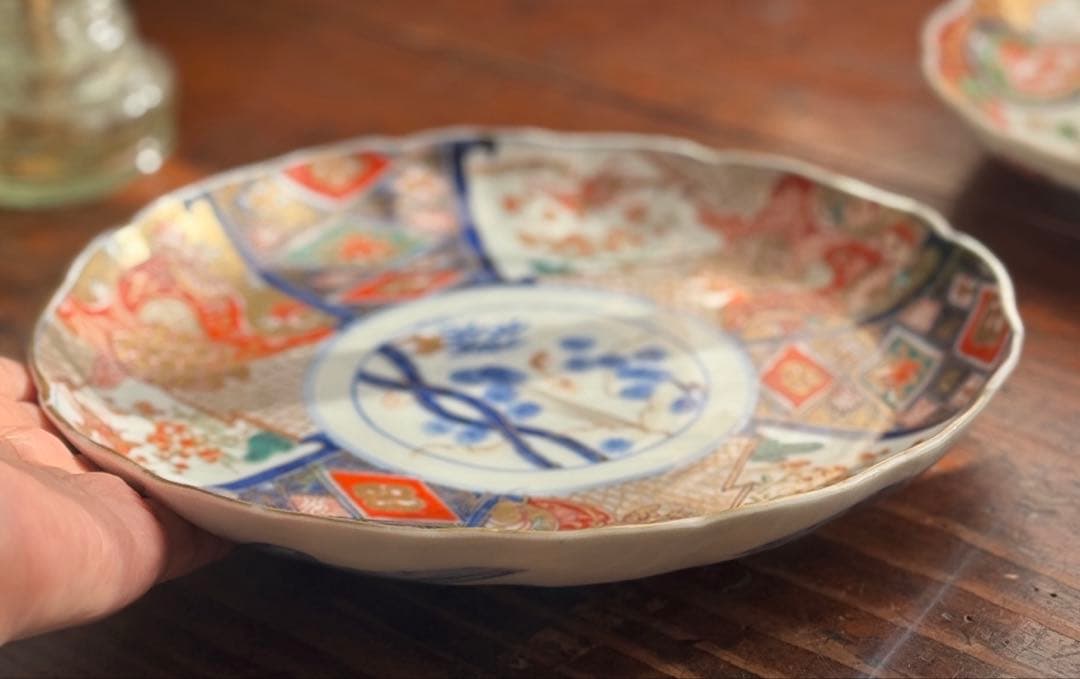 ご確認用　骨董皿　金蘭手染錦　鶴亀松竹梅文　金彩色絵皿　二枚