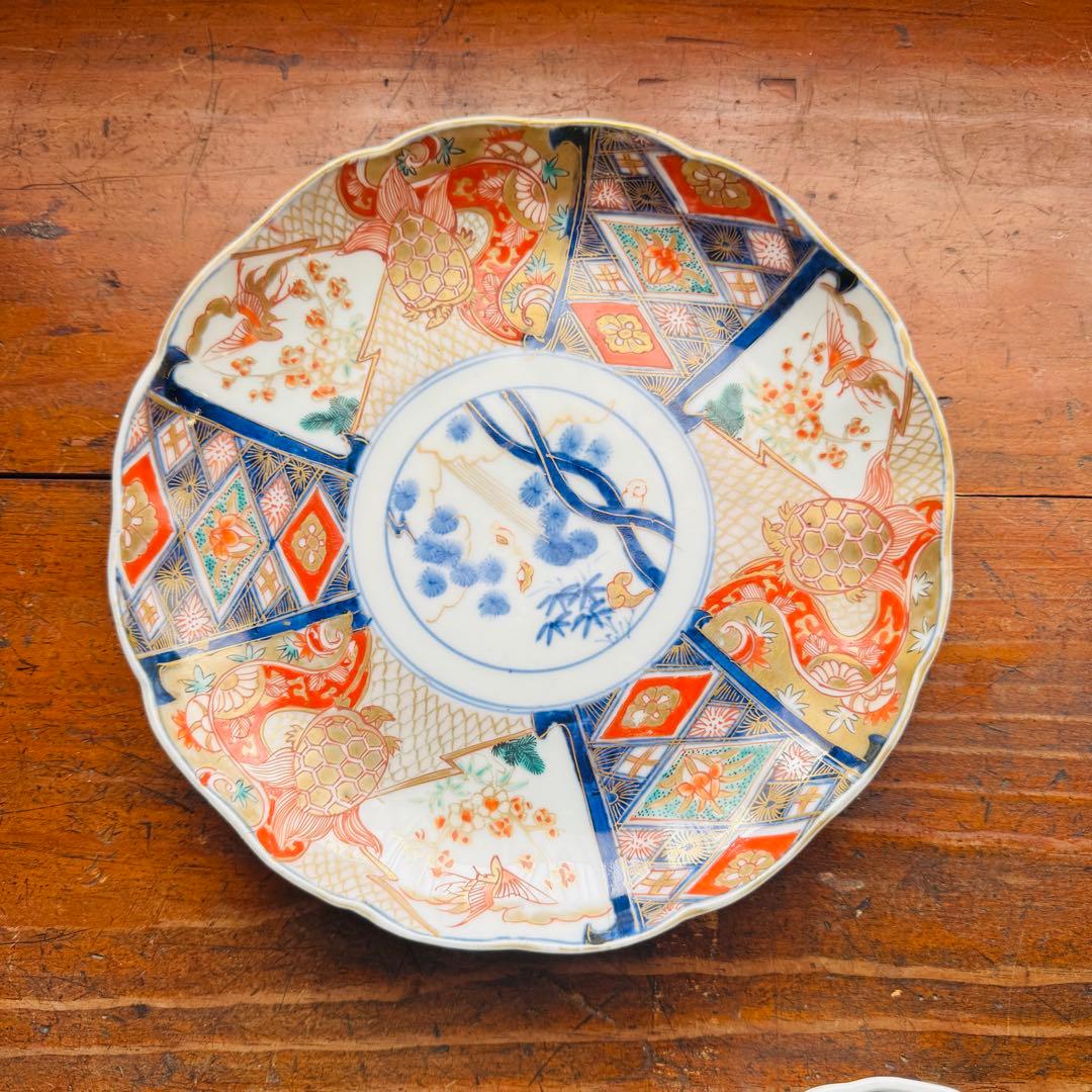 ご確認用　骨董皿　金蘭手染錦　鶴亀松竹梅文　金彩色絵皿　二枚