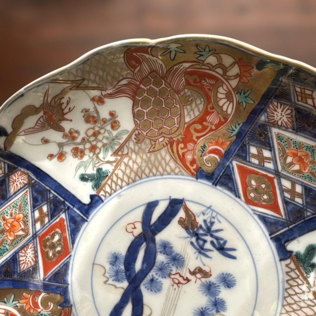 ご確認用　骨董皿　金蘭手染錦　鶴亀松竹梅文　金彩色絵皿　二枚