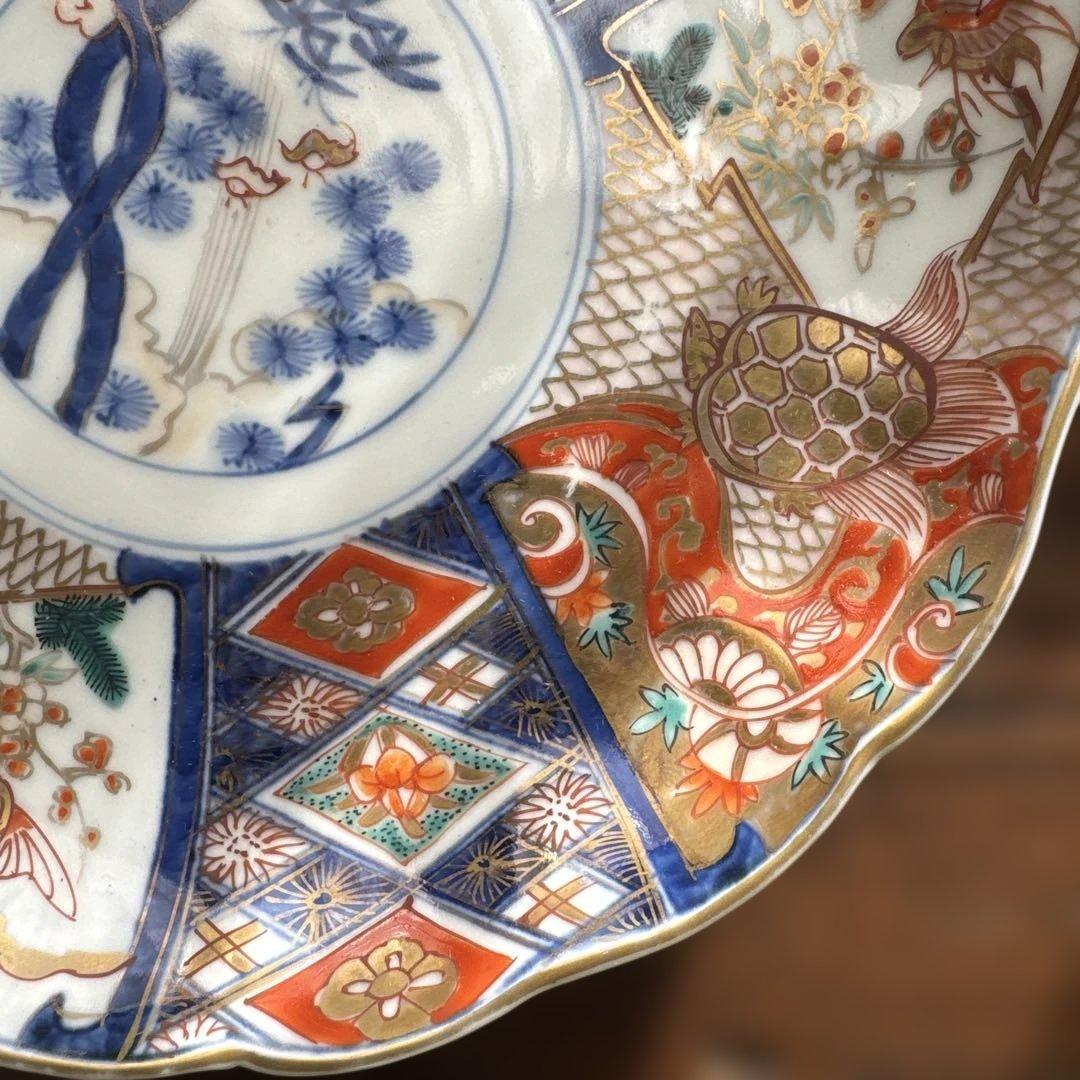 ご確認用　骨董皿　金蘭手染錦　鶴亀松竹梅文　金彩色絵皿　二枚