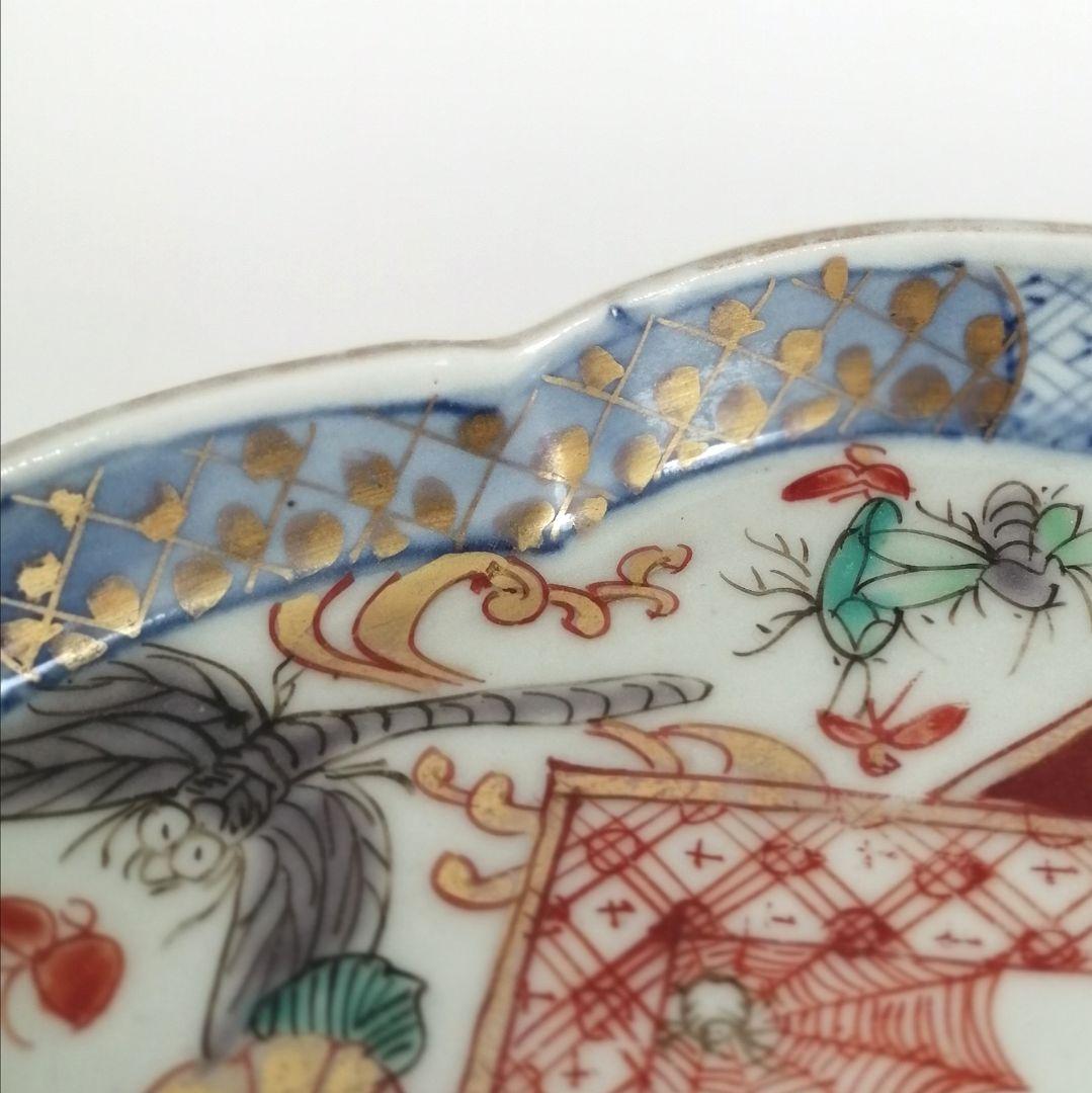 古伊万里　色絵　虫尽くし図　木瓜形　縁立皿