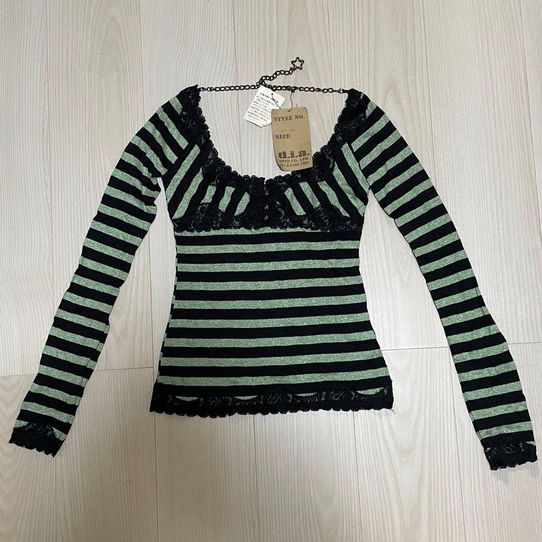 d.i.a. ミントグリーン ブラック ボーダー ロンT 長袖 レース 平成 星