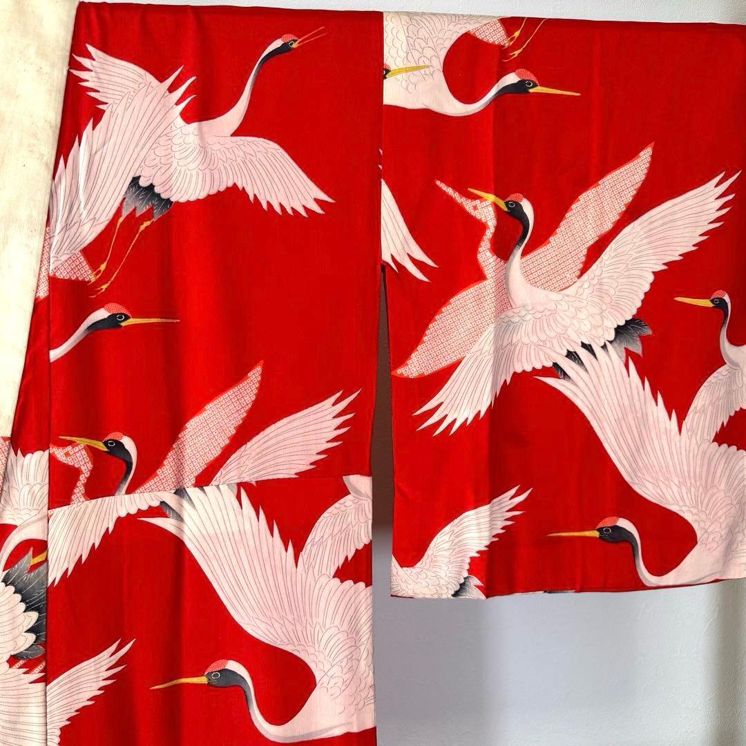 美品　正絹　長襦袢　着物　赤　鶴　124cm アンティーク　ヴィンテージ　レトロ