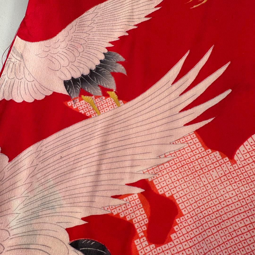 美品　正絹　長襦袢　着物　赤　鶴　124cm アンティーク　ヴィンテージ　レトロ