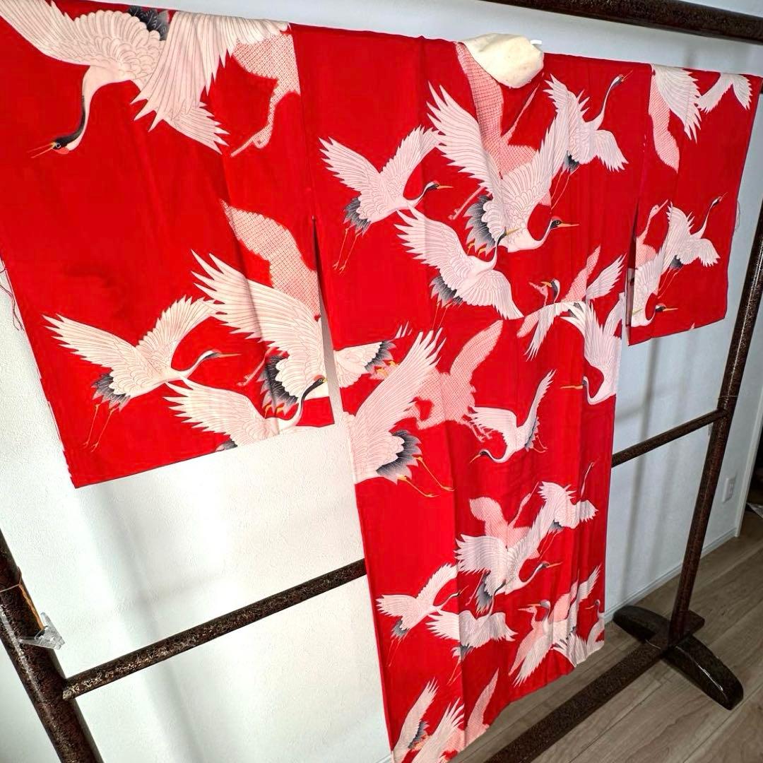 美品　正絹　長襦袢　着物　赤　鶴　124cm アンティーク　ヴィンテージ　レトロ