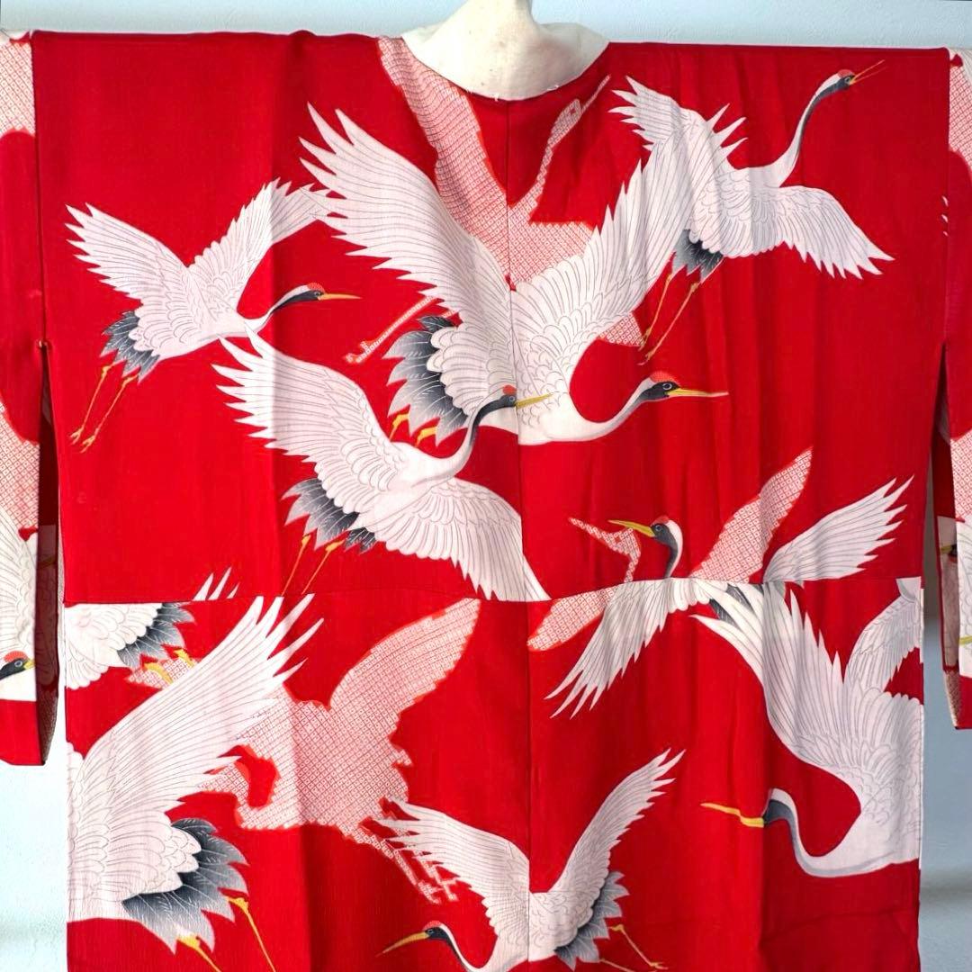 美品　正絹　長襦袢　着物　赤　鶴　124cm アンティーク　ヴィンテージ　レトロ