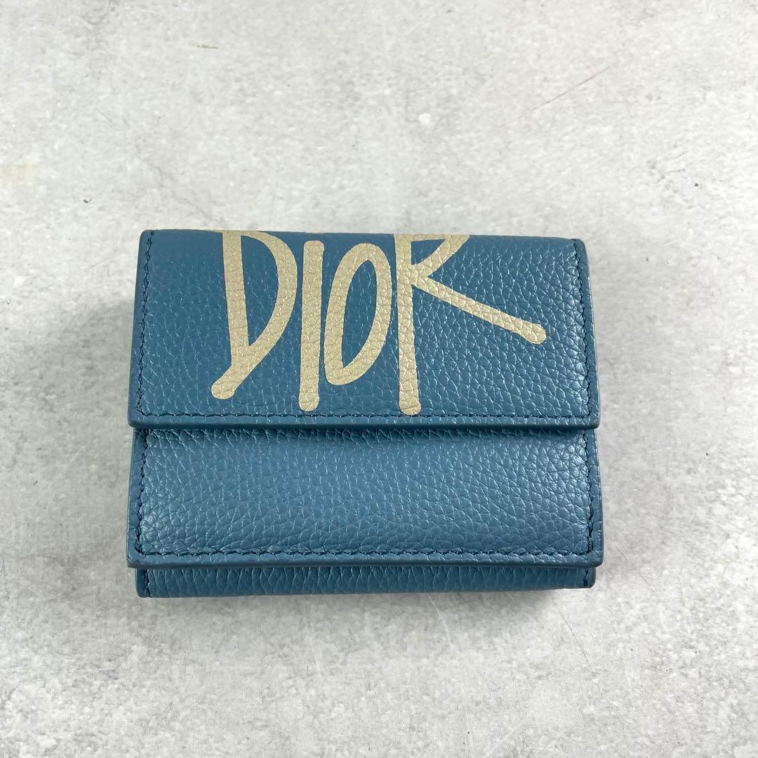 極美品✨ ディオール×ステューシー コラボ 折財布 レザー 小銭入れ ブルー