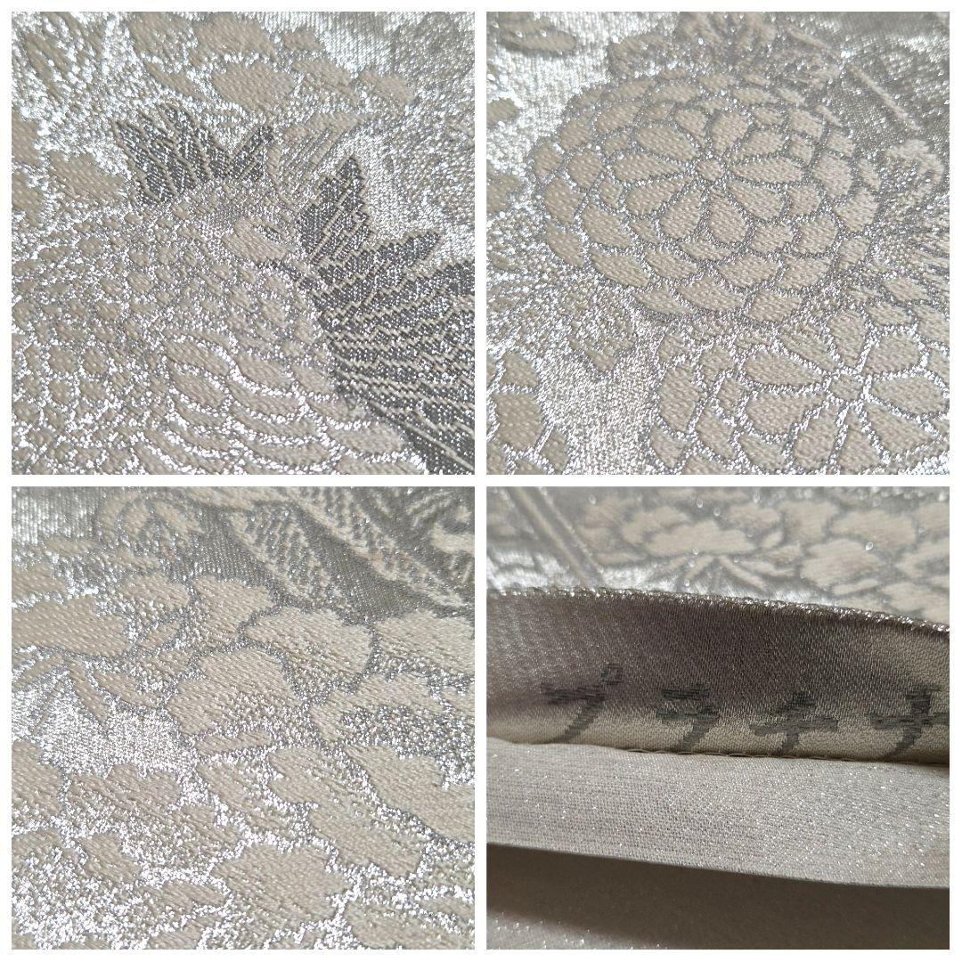 A◆着物くつろぎ 孔雀に花模様 プラチナ 銀糸 六通 正絹 フォーマルな袋帯