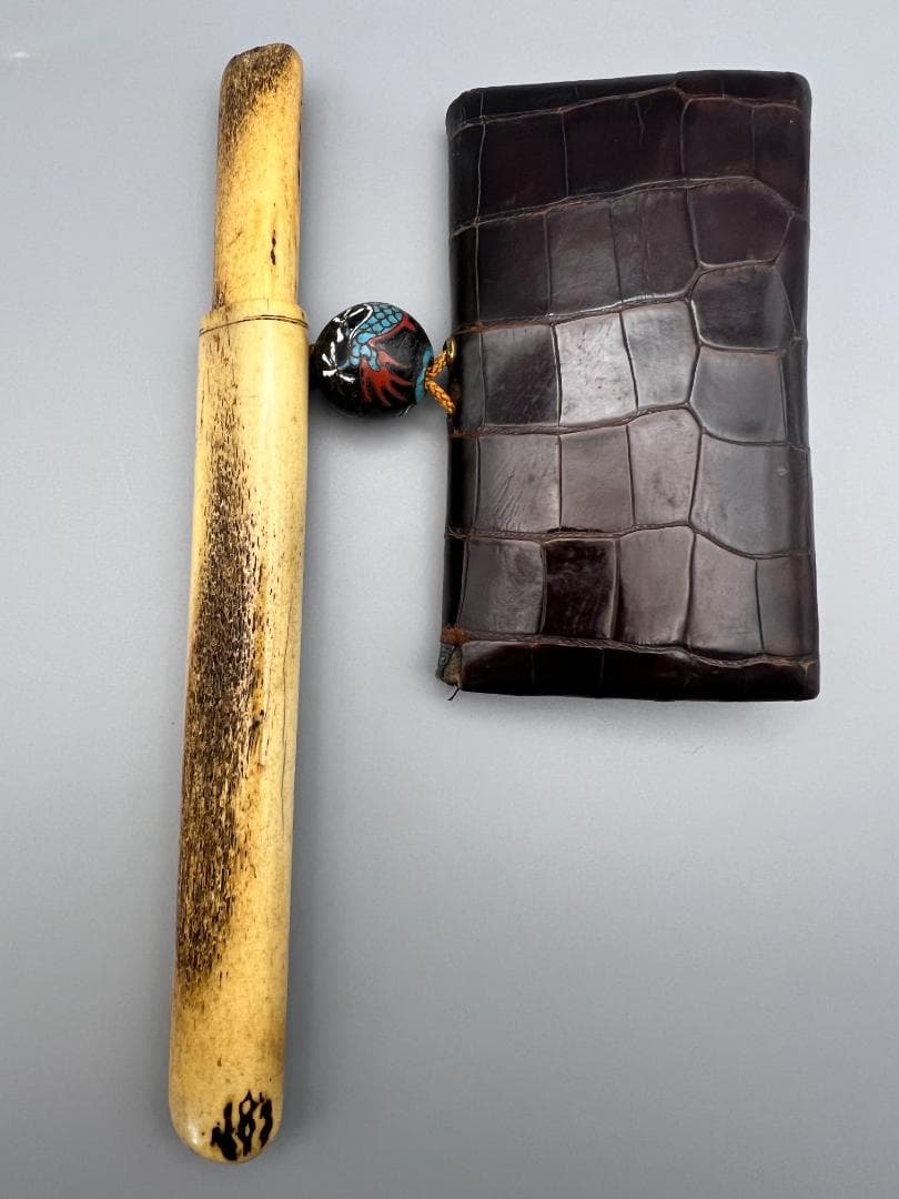 江戸明治時代　獅子図金具　骨製キセル入れ　大玉龍図根〆　銀製キセル　重量170g