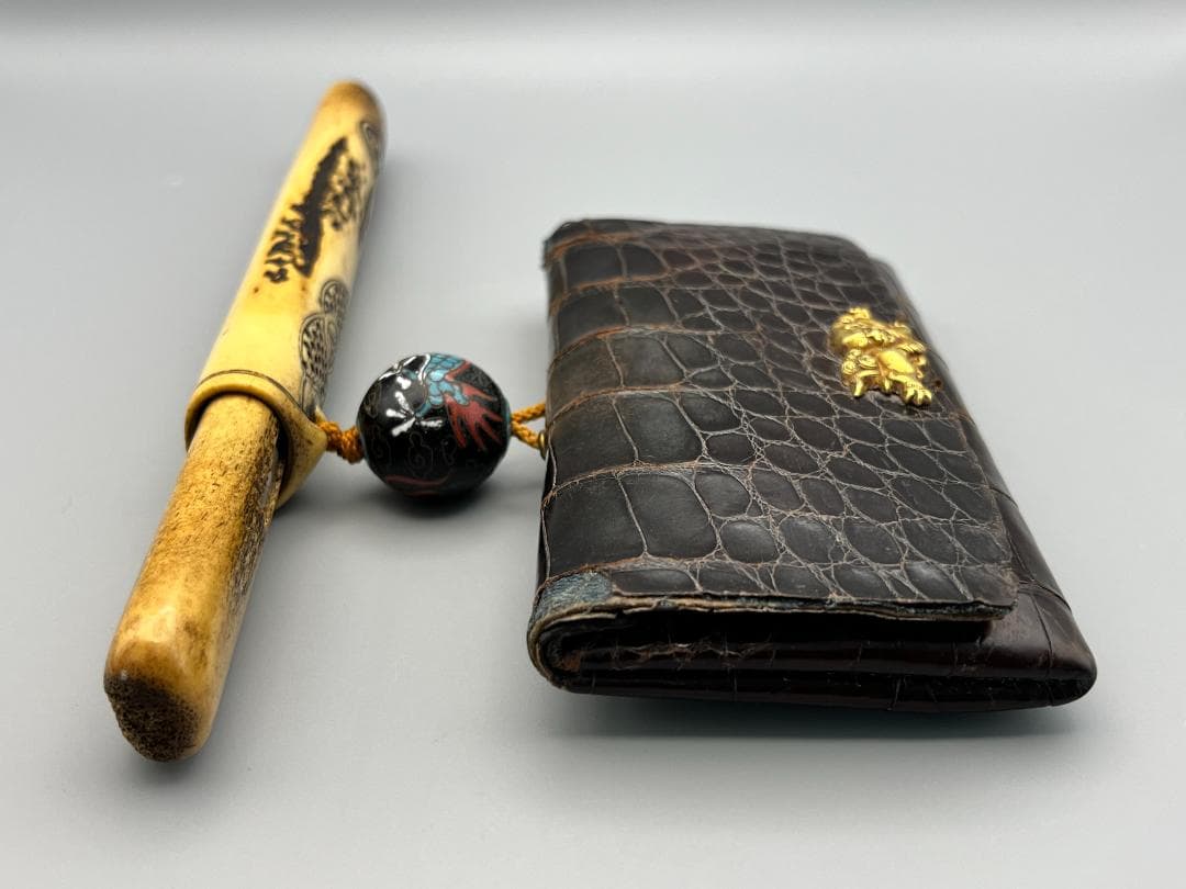 江戸明治時代　獅子図金具　骨製キセル入れ　大玉龍図根〆　銀製キセル　重量170g