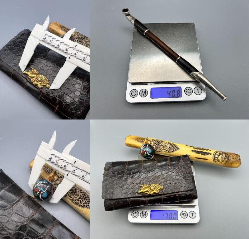 江戸明治時代　獅子図金具　骨製キセル入れ　大玉龍図根〆　銀製キセル　重量170g