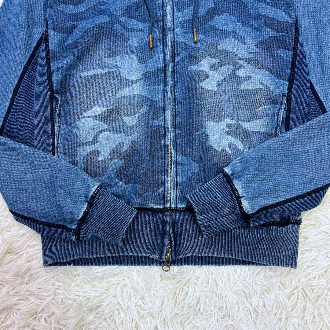 美品 ウノピュウ デニム ルームウェアセットアップ カモフラ柄 ネイビー 伸縮性