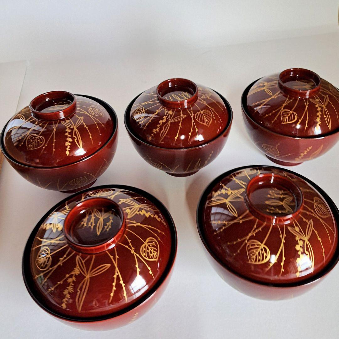 【美術品】吸物椀　輪島塗　蒔絵　五客組　静寛　共箱　加賀市　山中塗　懐石　漆器