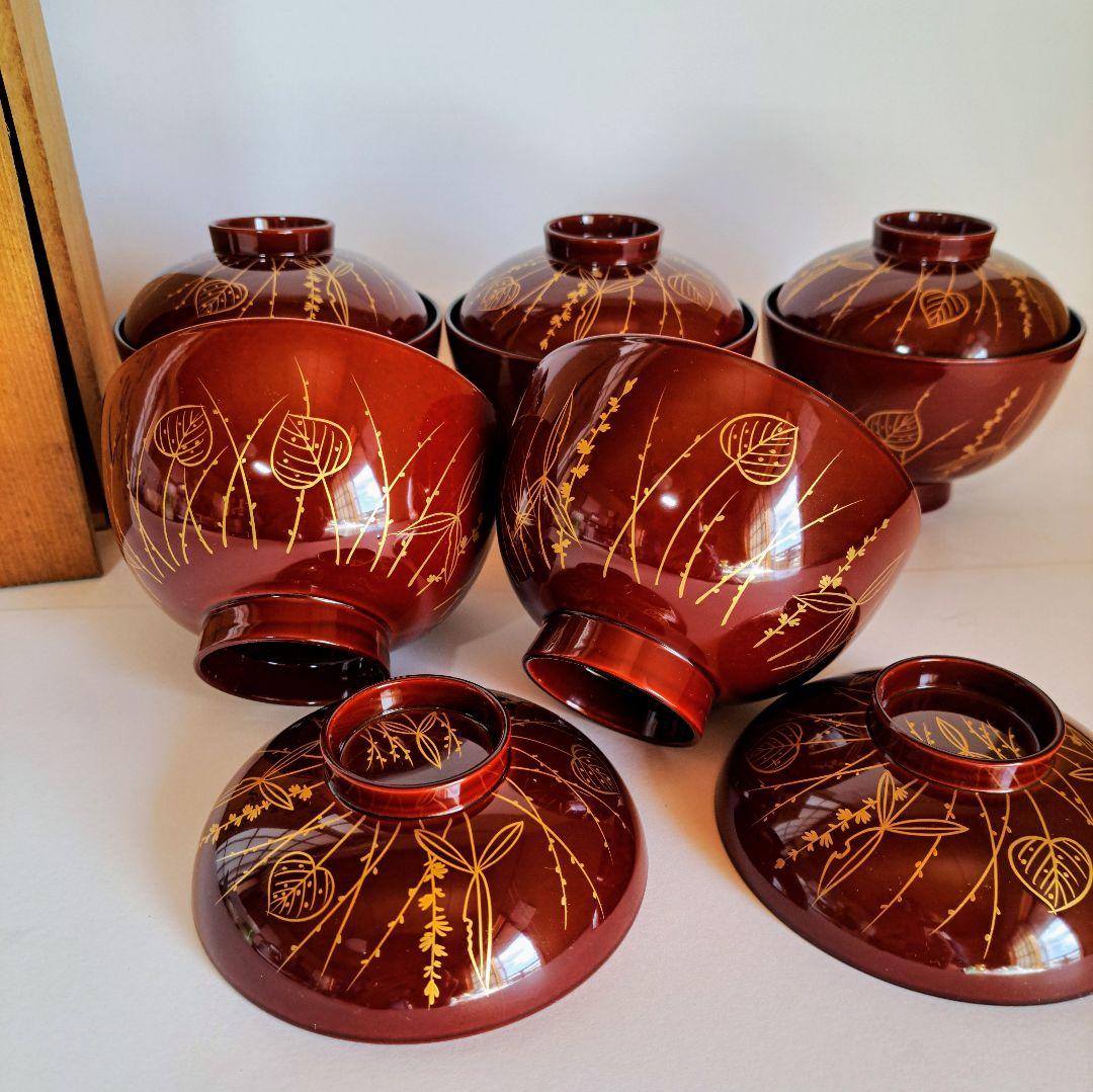 【美術品】吸物椀　輪島塗　蒔絵　五客組　静寛　共箱　加賀市　山中塗　懐石　漆器