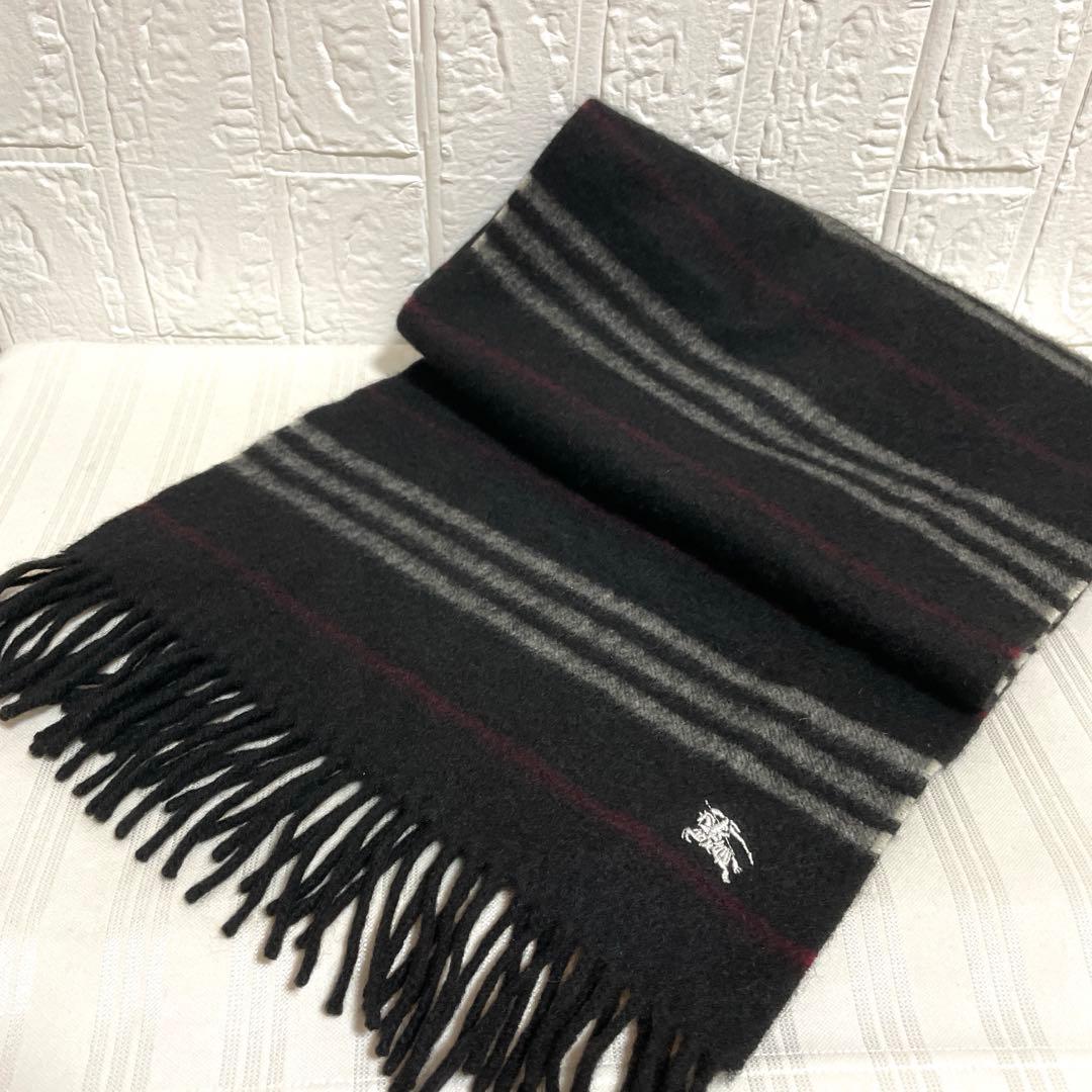 バーバリー ブラックレーベル カシミヤ マフラー 黒 ボーダー ホースロゴ
