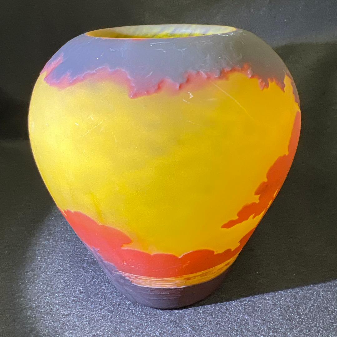 19世紀フランス　異色ガラス　酸化腐食彫花入　箱付　東Y8-0205☆2Fトヒウ