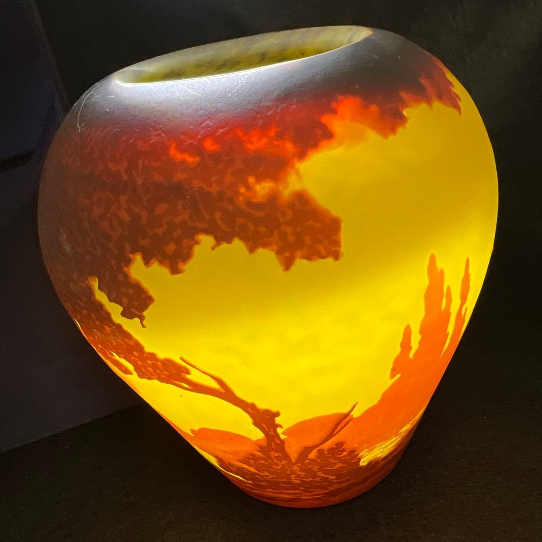 19世紀フランス　異色ガラス　酸化腐食彫花入　箱付　東Y8-0205☆2Fトヒウ