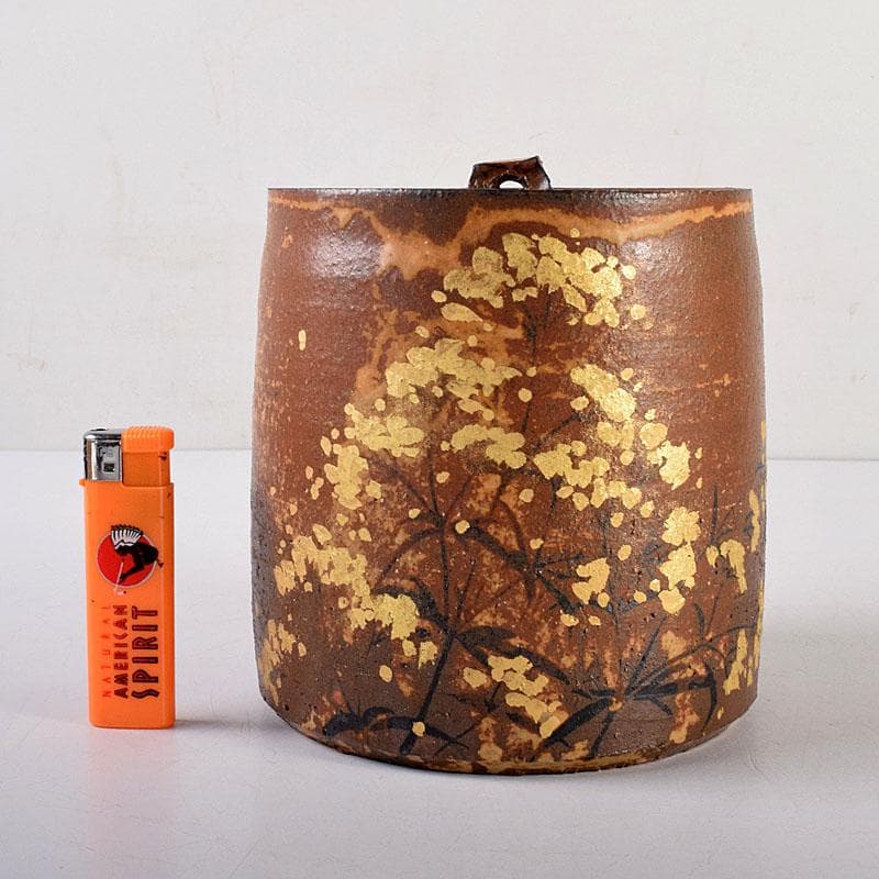 TM 益子焼　吉川水城作　金彩草文水指　共箱　C　7968