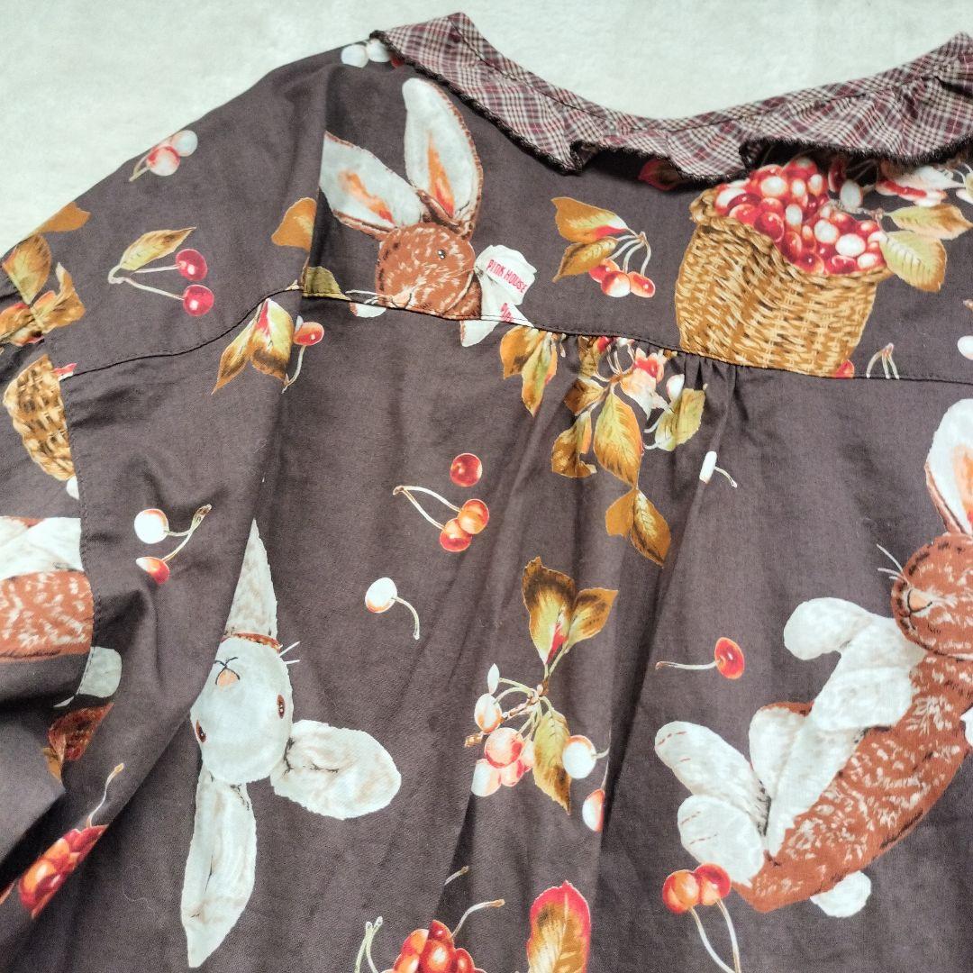 美品オータムチェリーとうさぎプリント×ローンチュニックブラウスブラウン 2021