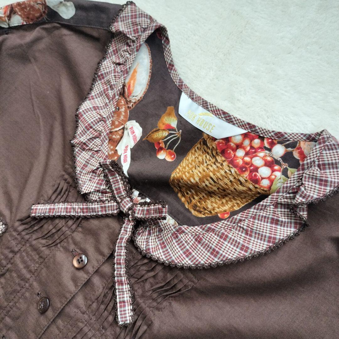 美品オータムチェリーとうさぎプリント×ローンチュニックブラウスブラウン 2021