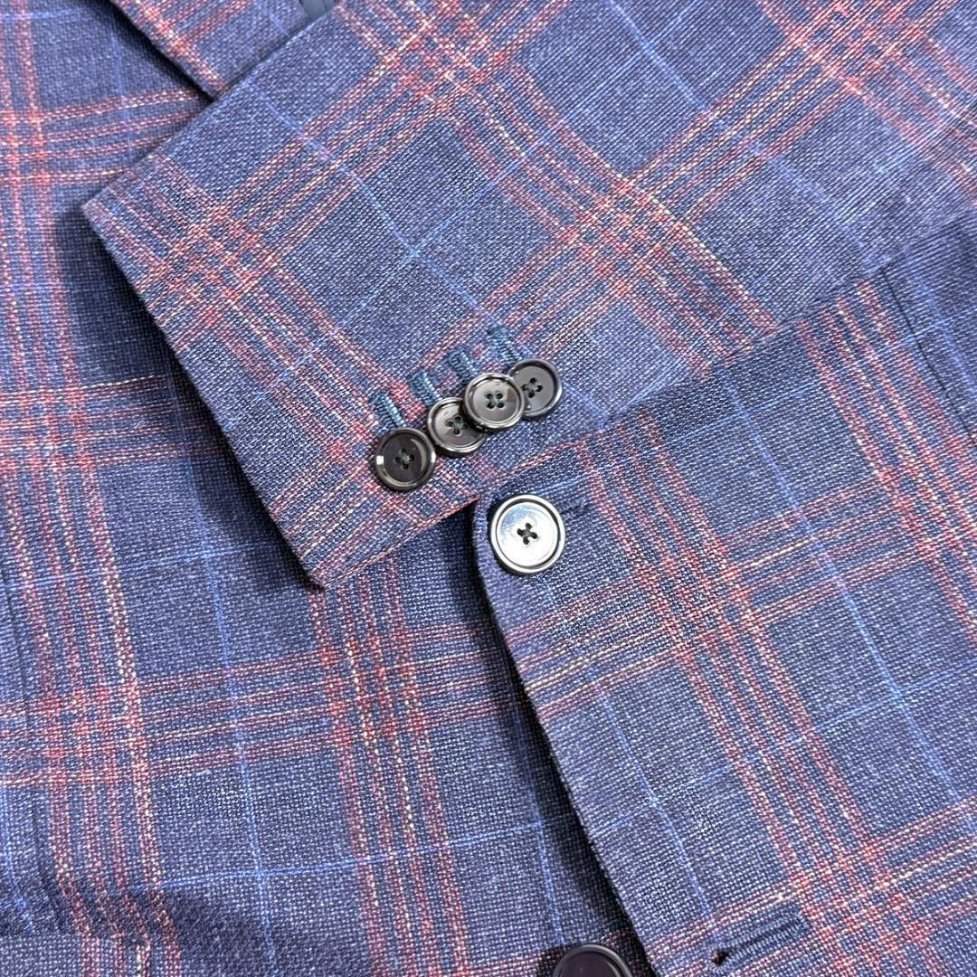 J7419 美品 タリアトーレ シルクリネンチェック柄ジャケット 紺 48