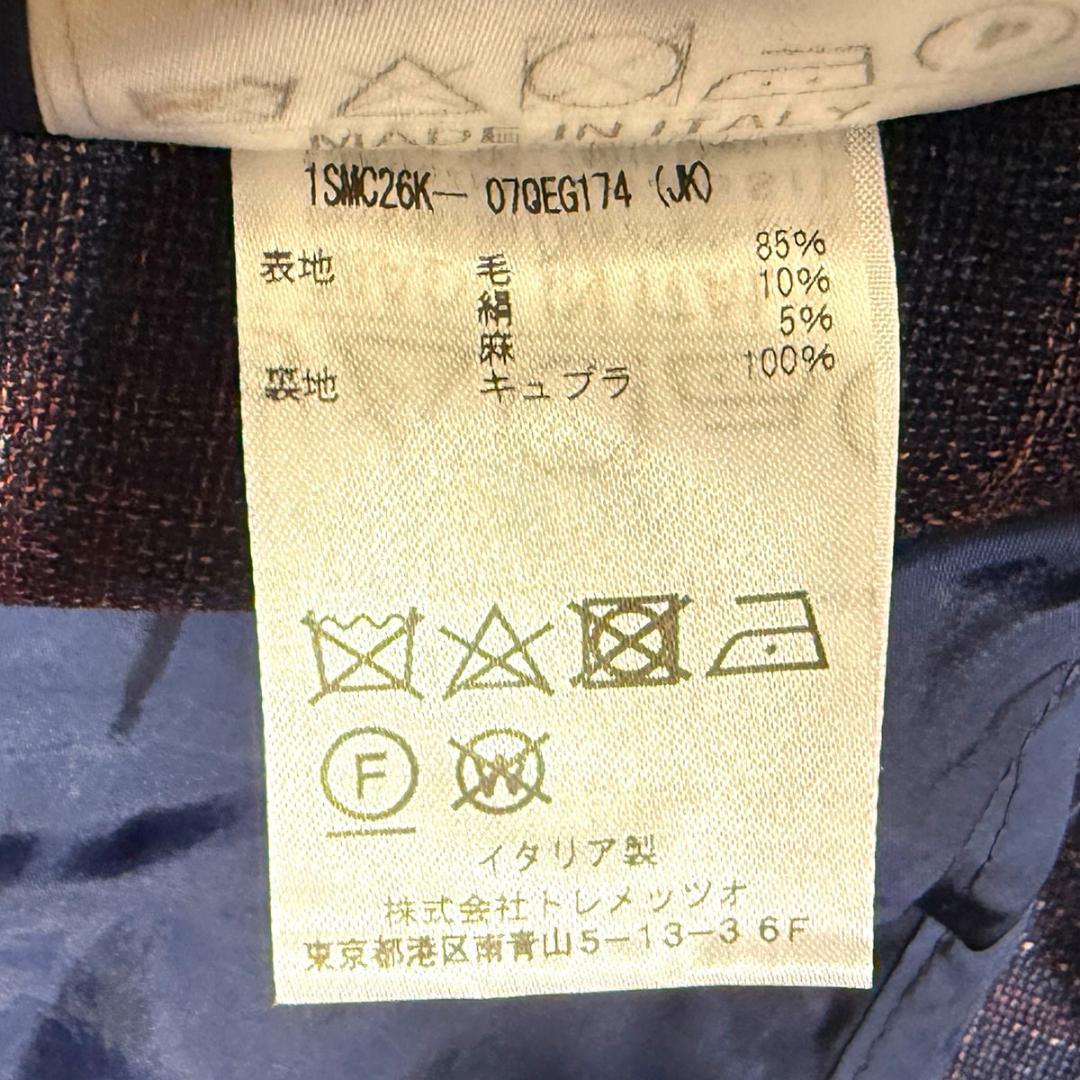 J7419 美品 タリアトーレ シルクリネンチェック柄ジャケット 紺 48