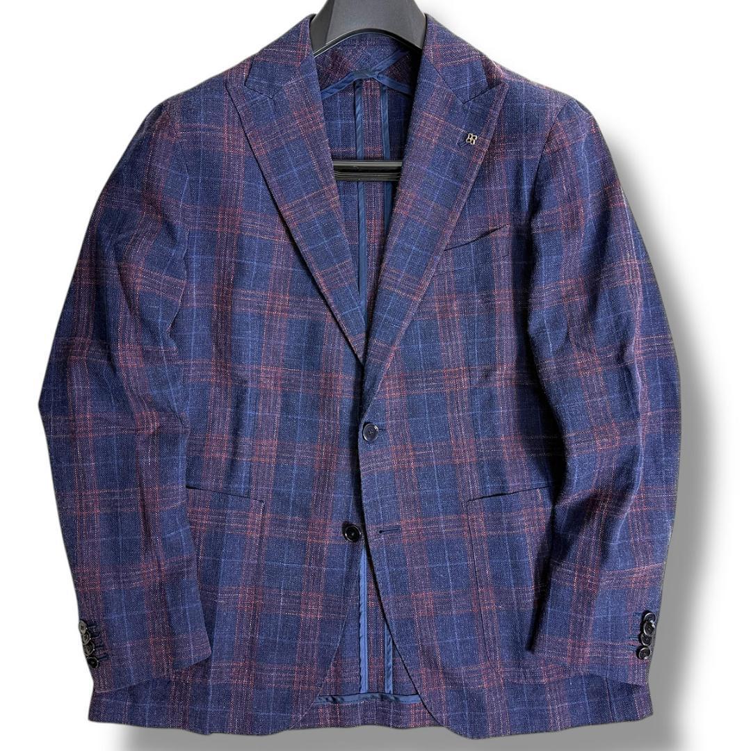 J7419 美品 タリアトーレ シルクリネンチェック柄ジャケット 紺 48
