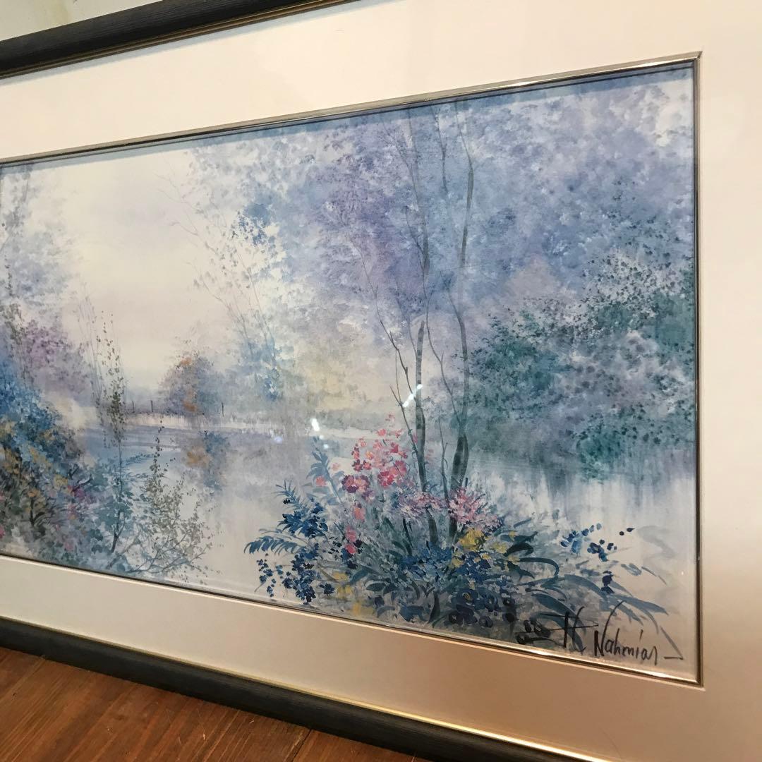 美品　フランス　リチャードナミアス　ブルーポンド　絵画　優しい色合いが優雅な