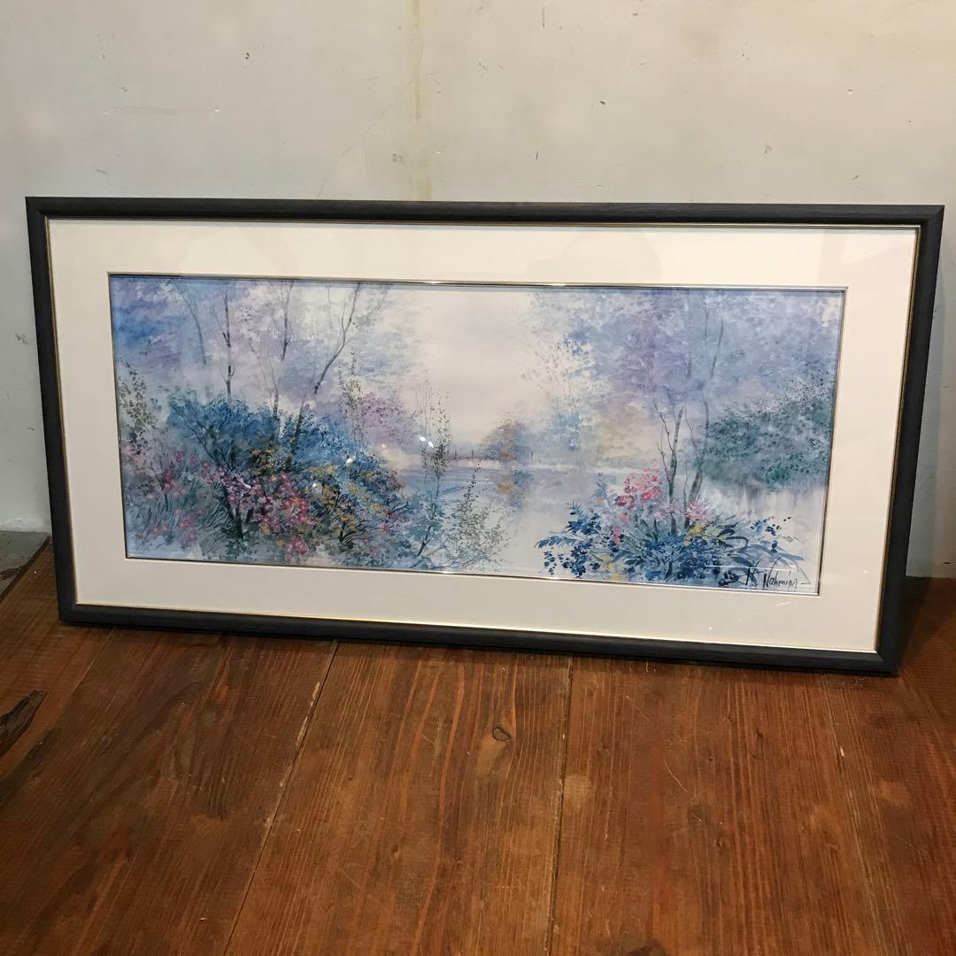 美品　フランス　リチャードナミアス　ブルーポンド　絵画　優しい色合いが優雅な