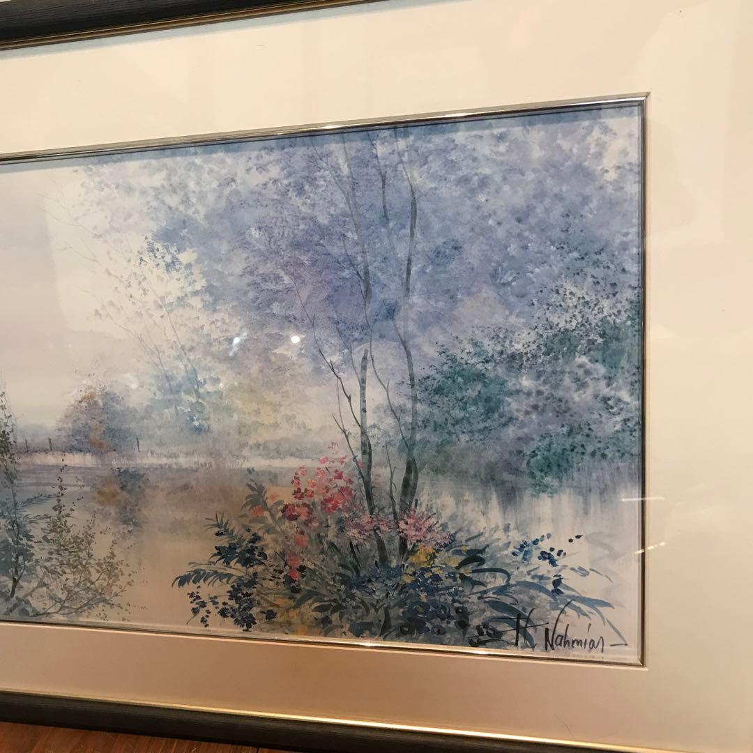 美品　フランス　リチャードナミアス　ブルーポンド　絵画　優しい色合いが優雅な