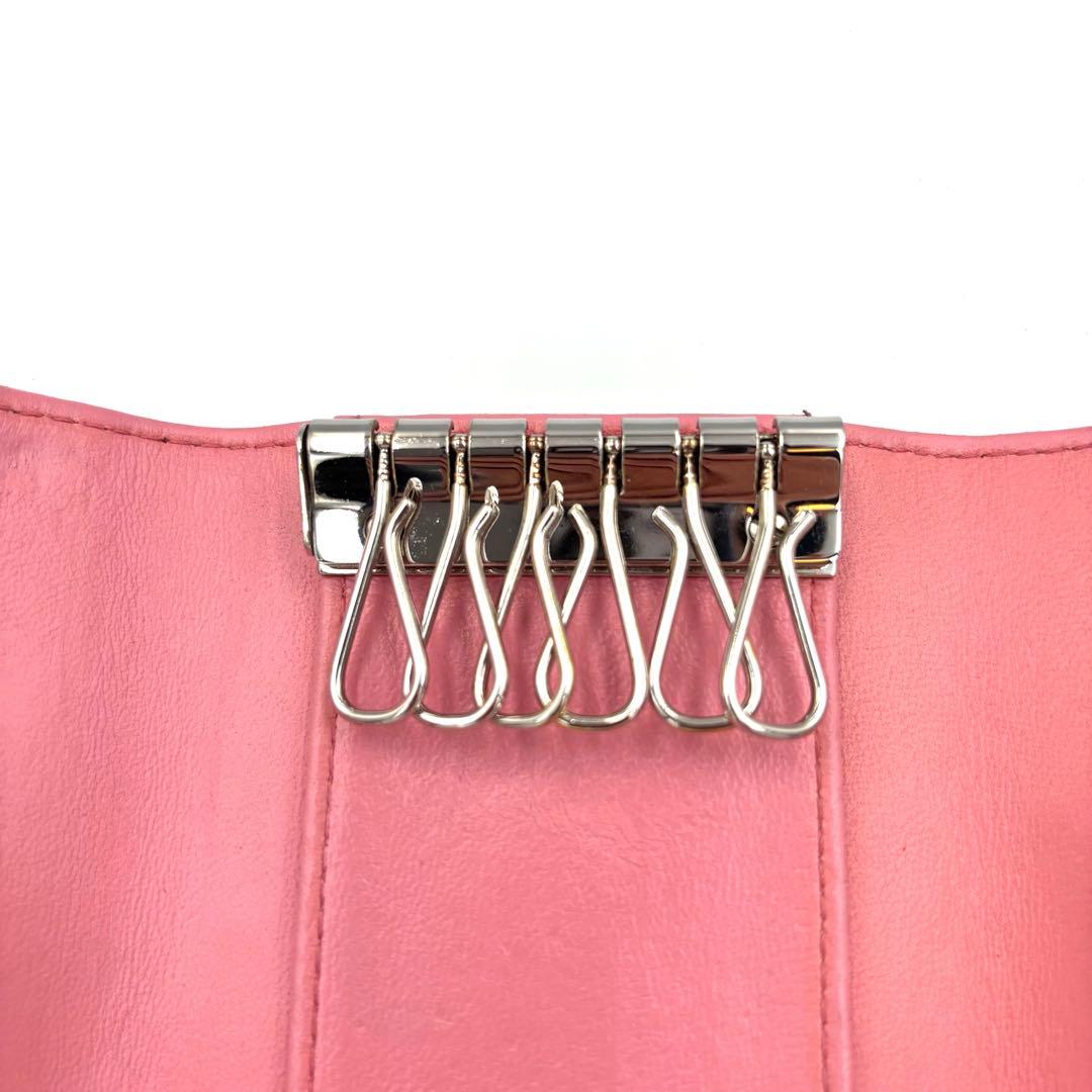 【良品】CHANEL シャネル ピンク キーケース カメリア ラムスキン 6連