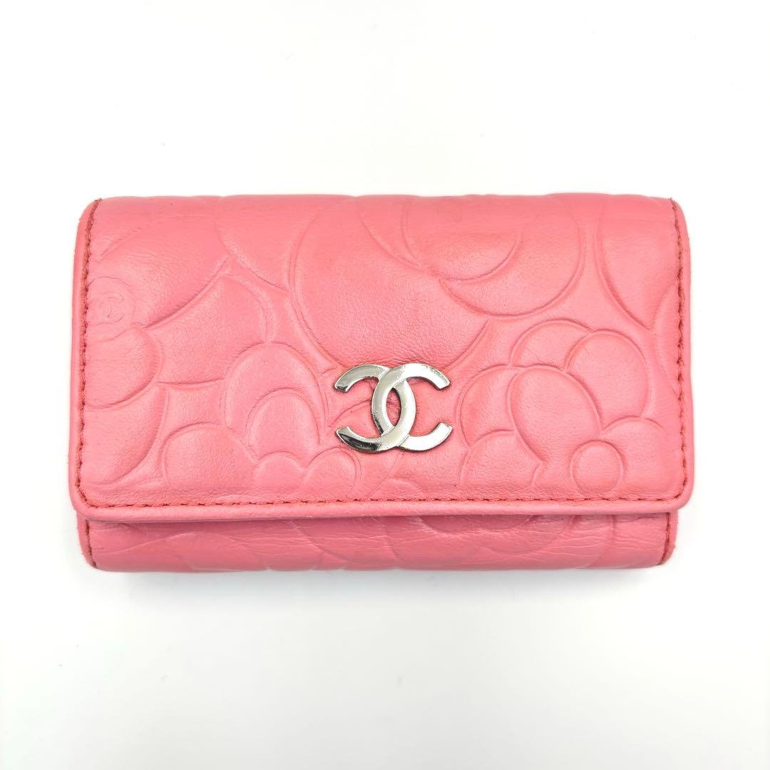 【良品】CHANEL シャネル ピンク キーケース カメリア ラムスキン 6連