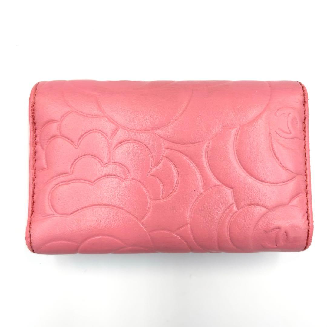 【良品】CHANEL シャネル ピンク キーケース カメリア ラムスキン 6連