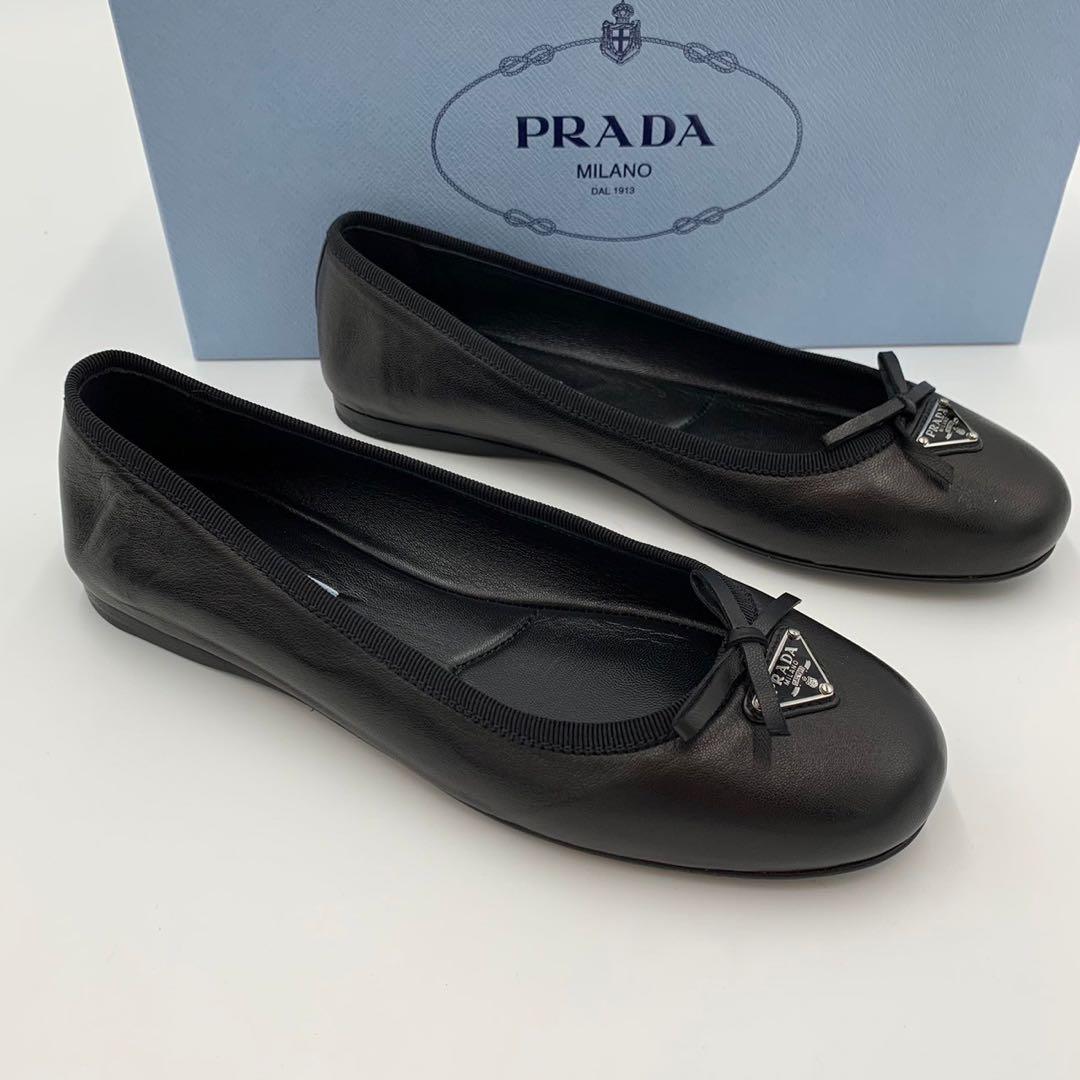 極美品 プラダ 三角ロゴ バレエシューズ パンプス リボン ナッパレザー 箱付き