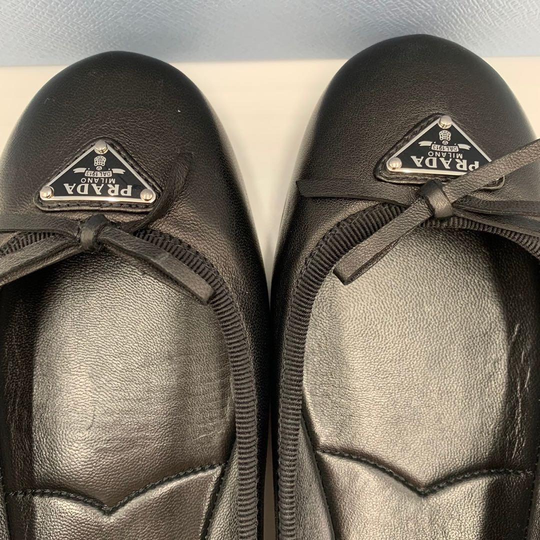 極美品 プラダ 三角ロゴ バレエシューズ パンプス リボン ナッパレザー 箱付き