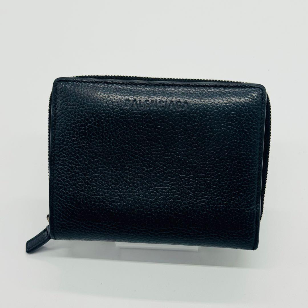 希少✨バレンシアガ 二つ折り財布 ロゴ型押し レザー ブラック ファスナー