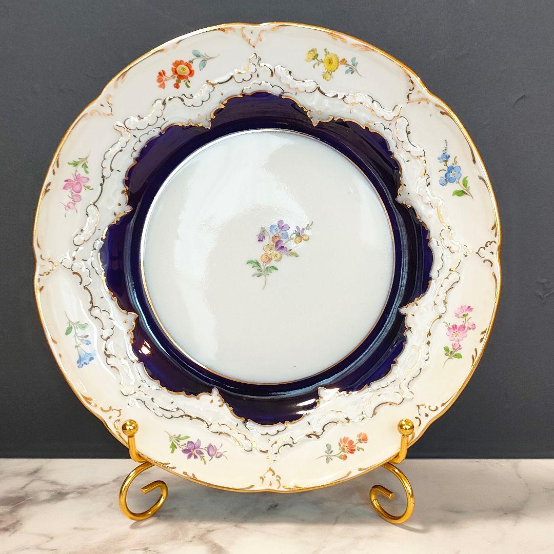 マイセン Bフォーム スキャタードフラワー コバルト 金彩 プレート 皿 1級品