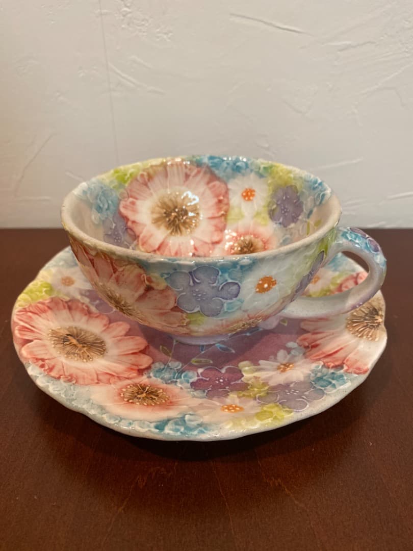 未使用　ゆずりはコーヒー碗皿　紫京花