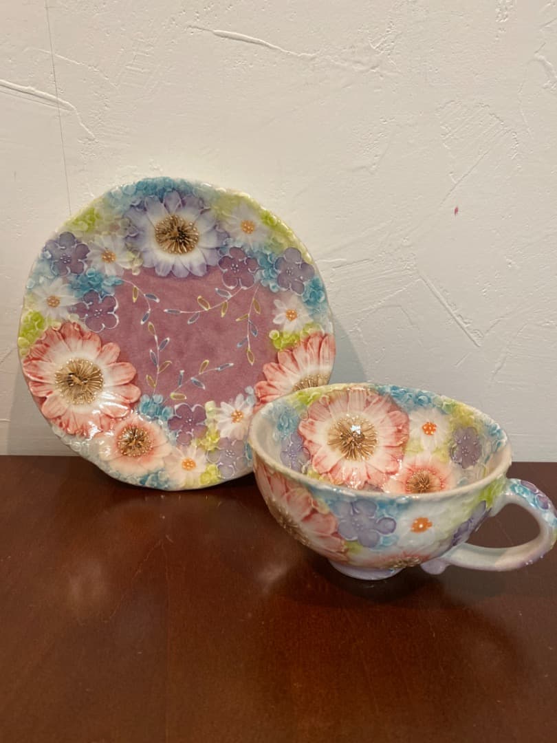 未使用　ゆずりはコーヒー碗皿　紫京花