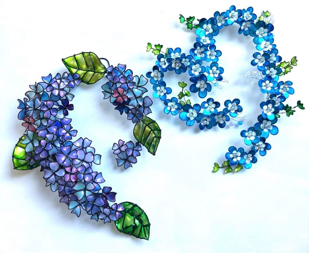 ネモフィラリース　紫陽花リース　ワイヤークラフト　ディップアート　壁飾り