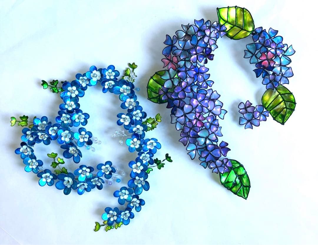 ネモフィラリース　紫陽花リース　ワイヤークラフト　ディップアート　壁飾り