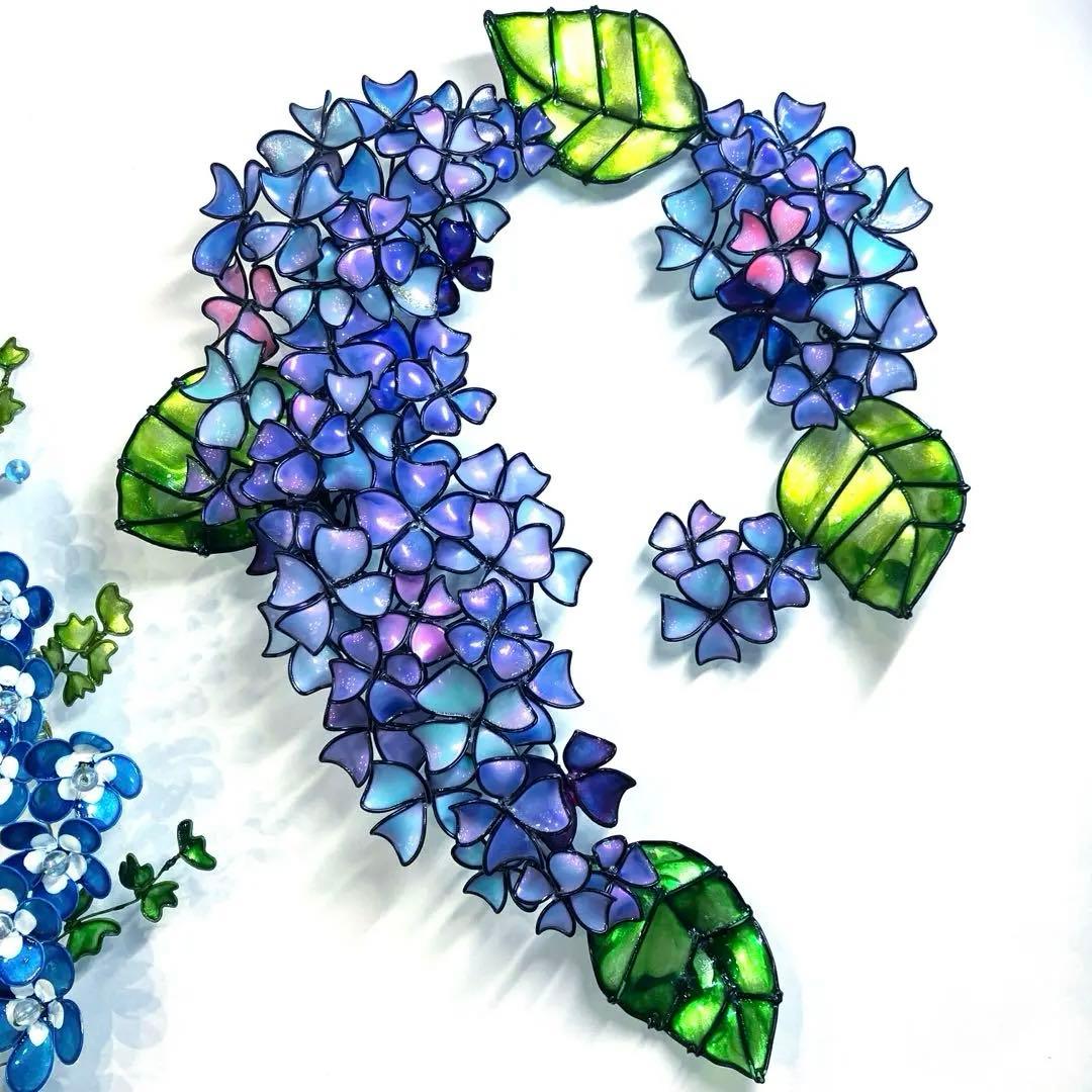 ネモフィラリース　紫陽花リース　ワイヤークラフト　ディップアート　壁飾り