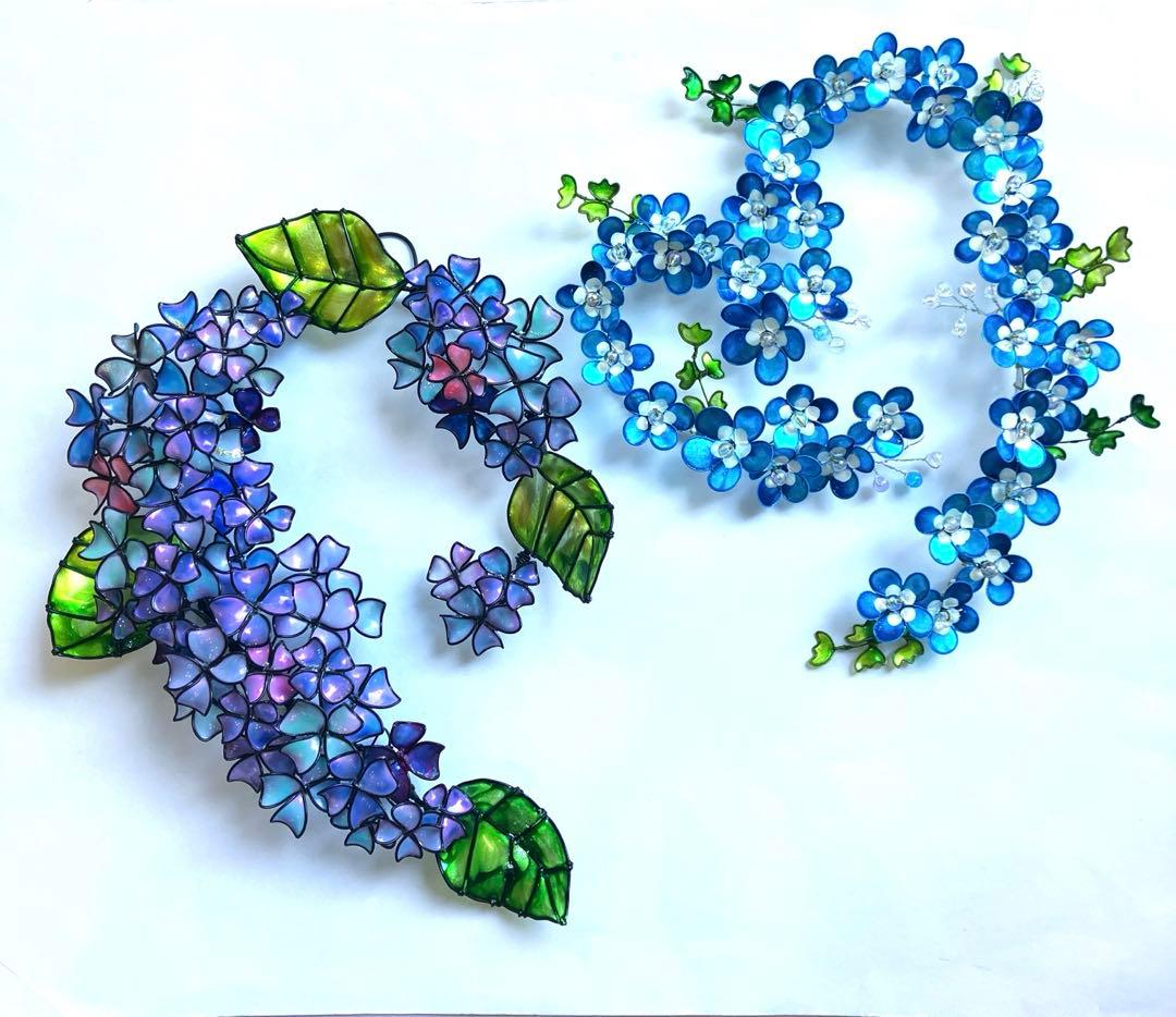 ネモフィラリース　紫陽花リース　ワイヤークラフト　ディップアート　壁飾り