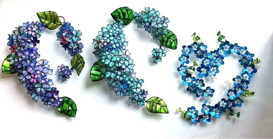 ネモフィラリース　紫陽花リース　ワイヤークラフト　ディップアート　壁飾り